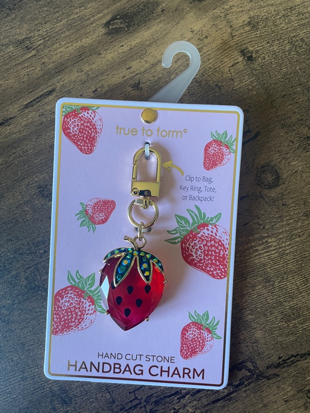 NWT True to Form Strawberry Cut Stone Rhinestone Stem Keychain Handbag Charm